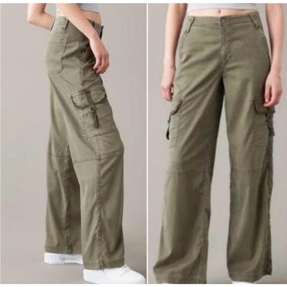 American Eagle Super High-Rise Baggy Wide Leg Army Green Cargo Pant Sz 000 XXS - Picture 1 of 8